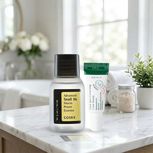 Glass Skin Combo: Cosrx Snail 96 Essence 30 ml + Axis-Y Dark Spot Serum 5 ml .  SKU: GlassSkinComboMini